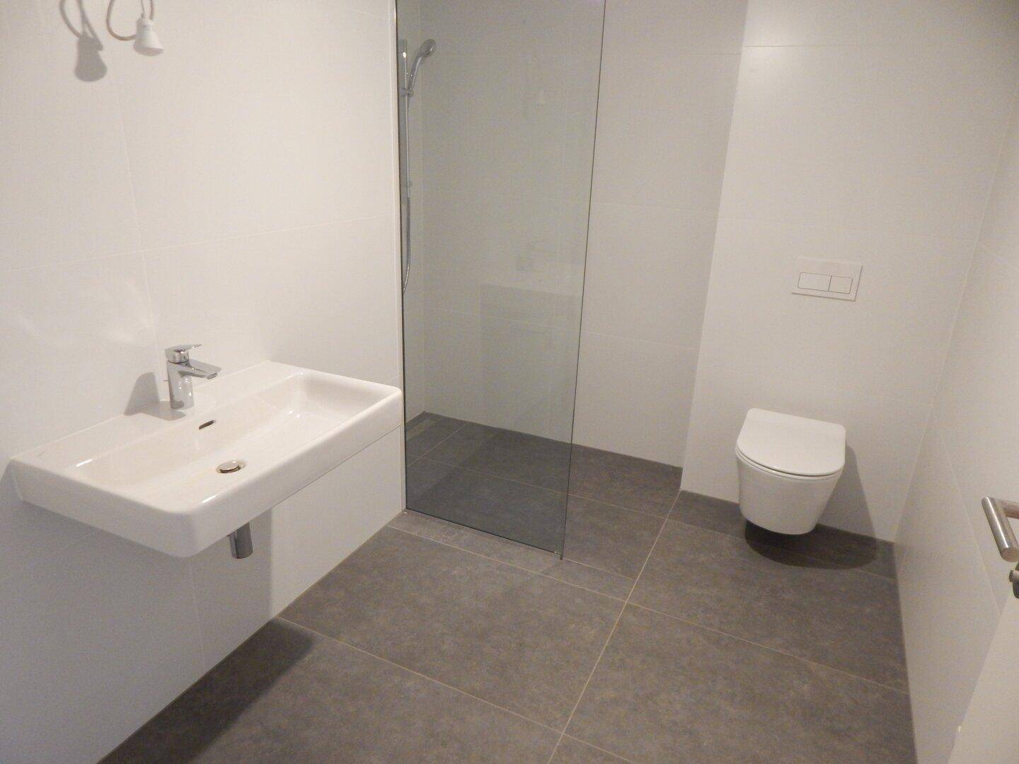 Modernes Badezimmer mit ebenerdiger Dusche, Wand-WC und schwebendem Waschbecken.