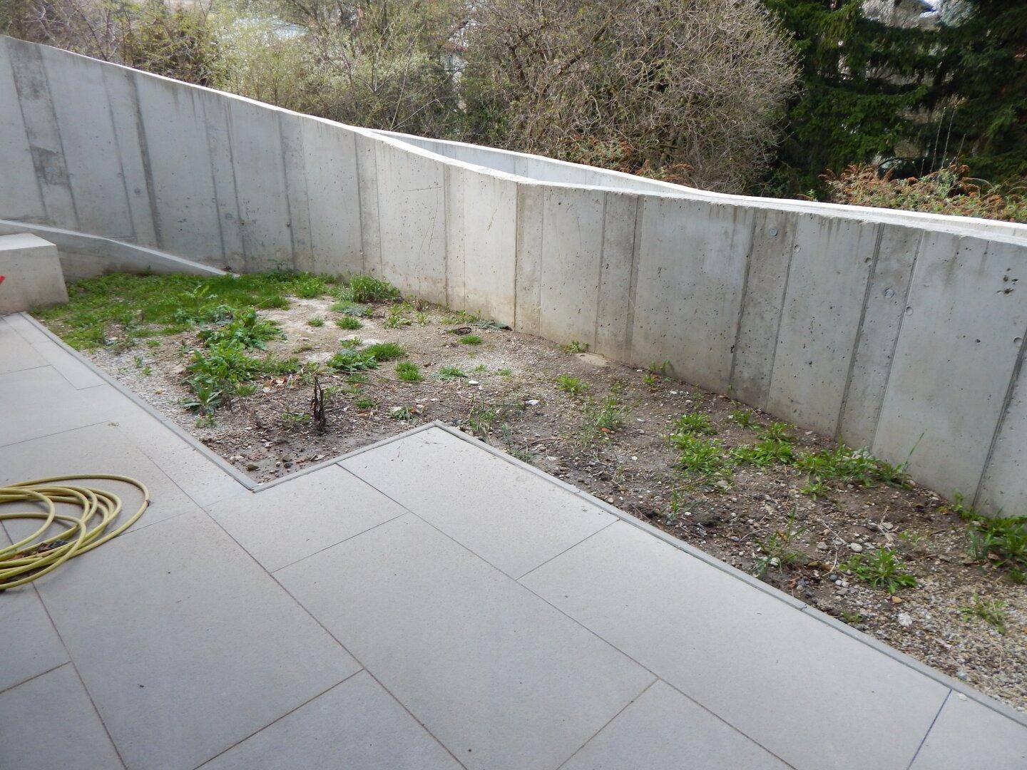 Ungepflegter Gartenbereich mit hoher Betonmauer, der auf Gestaltung wartet.