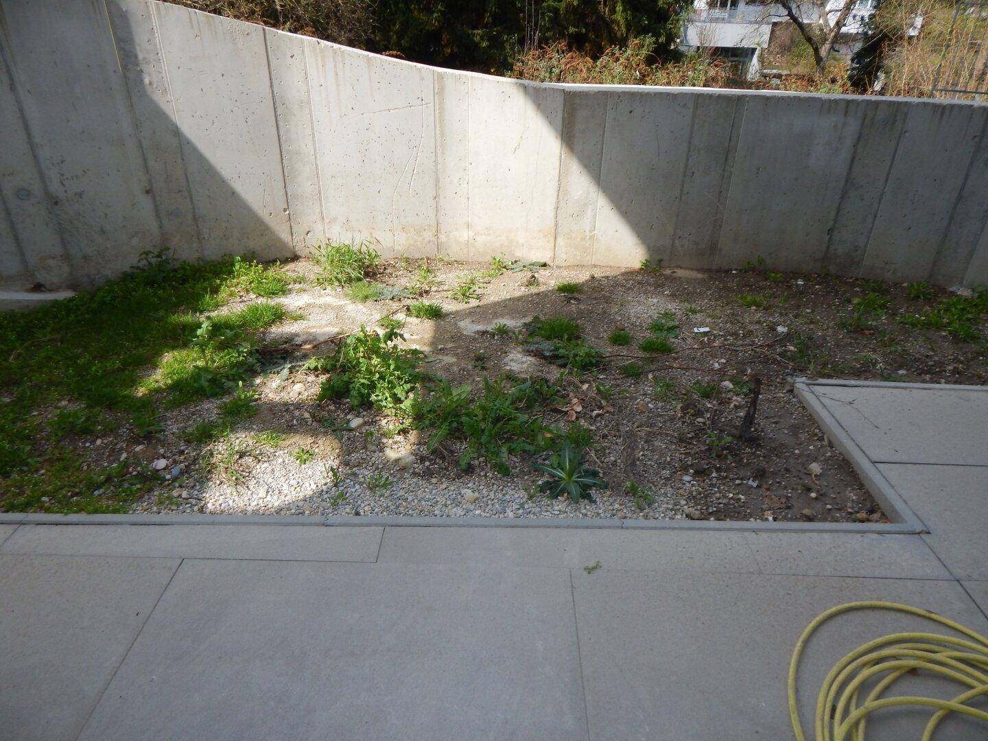Ungepflegter Gartenbereich mit Betonmauer und viel Potenzial zur individuellen Gestaltung.