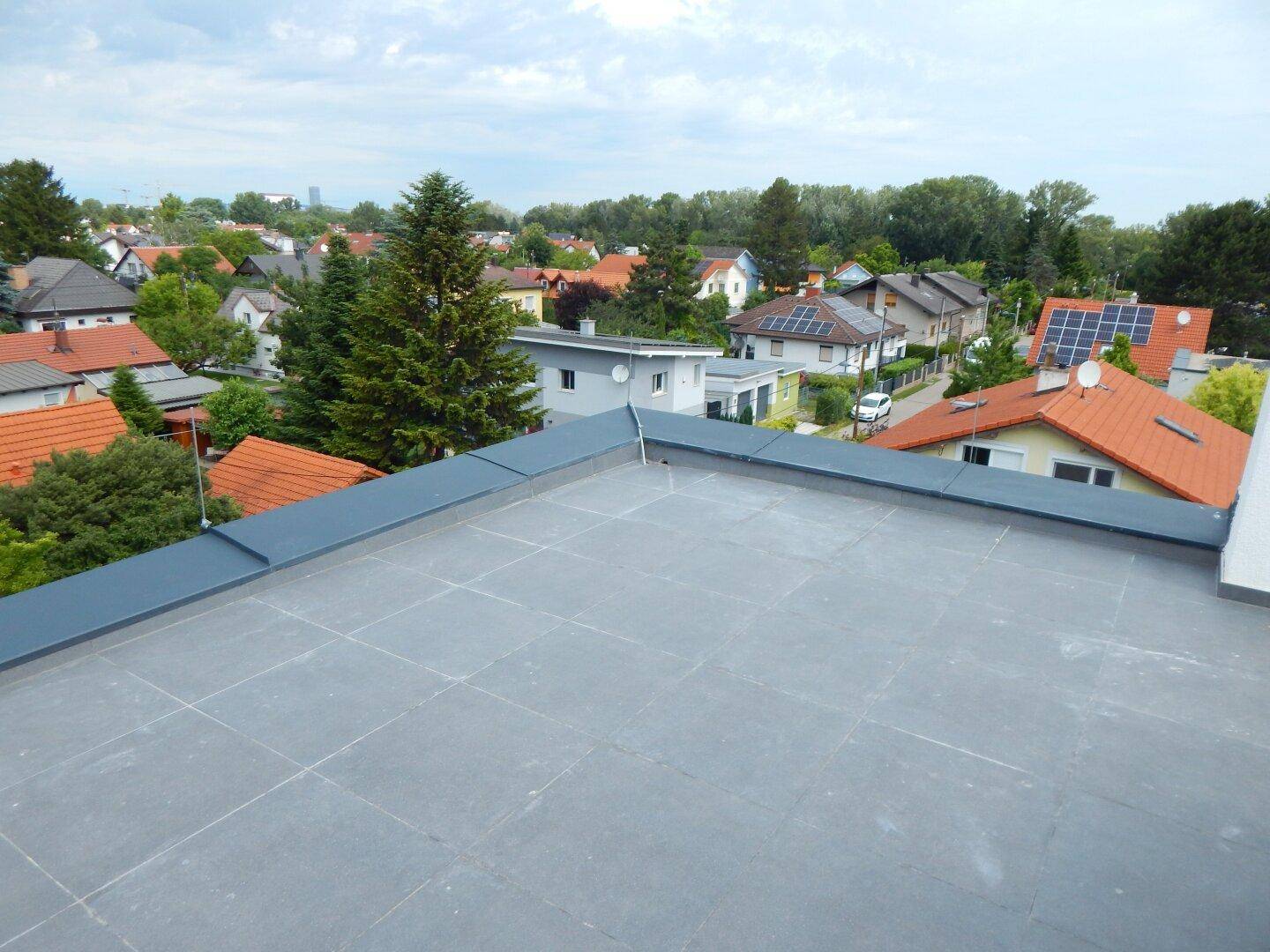 Blick von einem Flachdach über eine Wohnsiedlung mit vielen Bäumen und Häusern unter bewölktem Himmel.