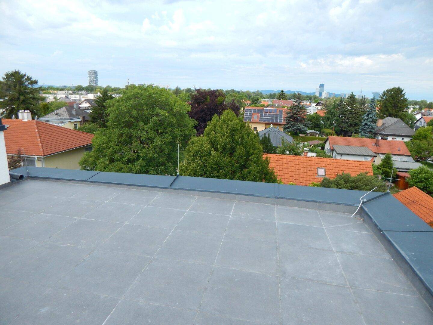Weitläufiger Blick von einem Flachdach über die Dächer der umliegenden Häuser und viel Grün in der Ferne.