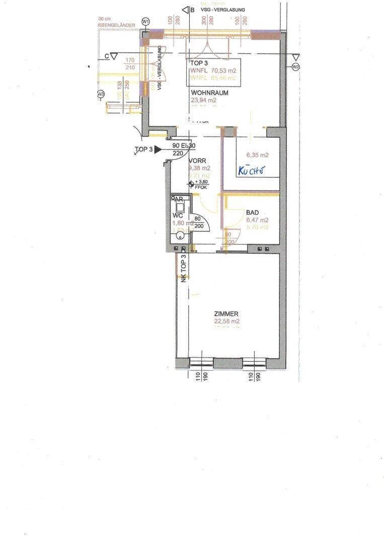 Grundriss für eine Wohnung mit Wohnraum, Küche, Bad und Zimmer.