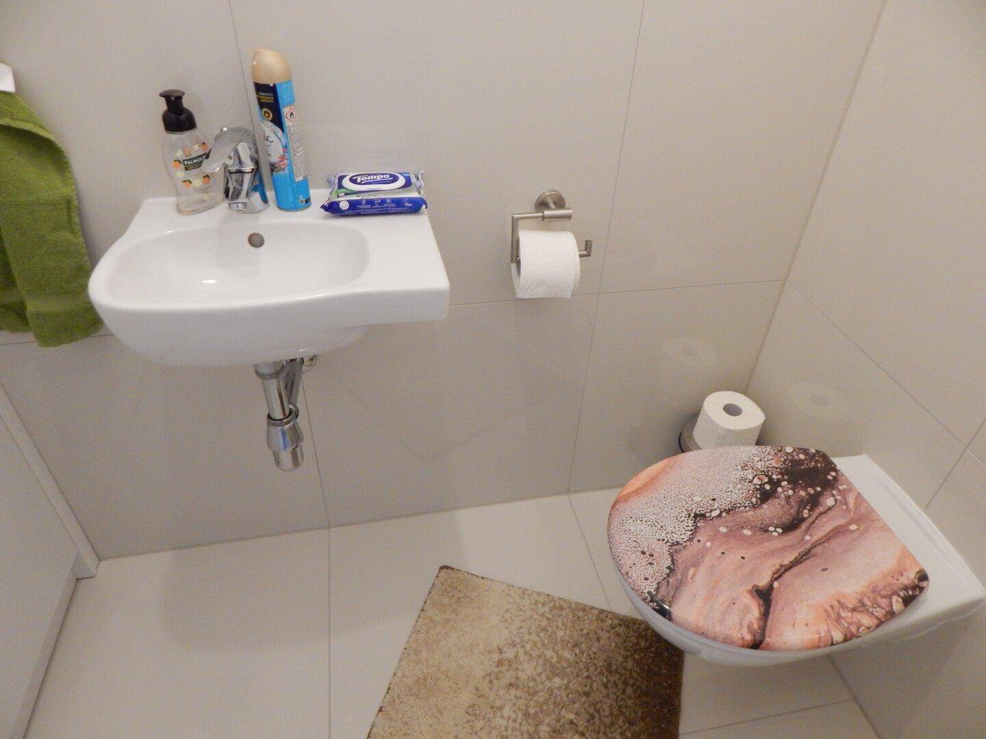 Kleines Gäste-WC mit Waschbecken und Toilette.