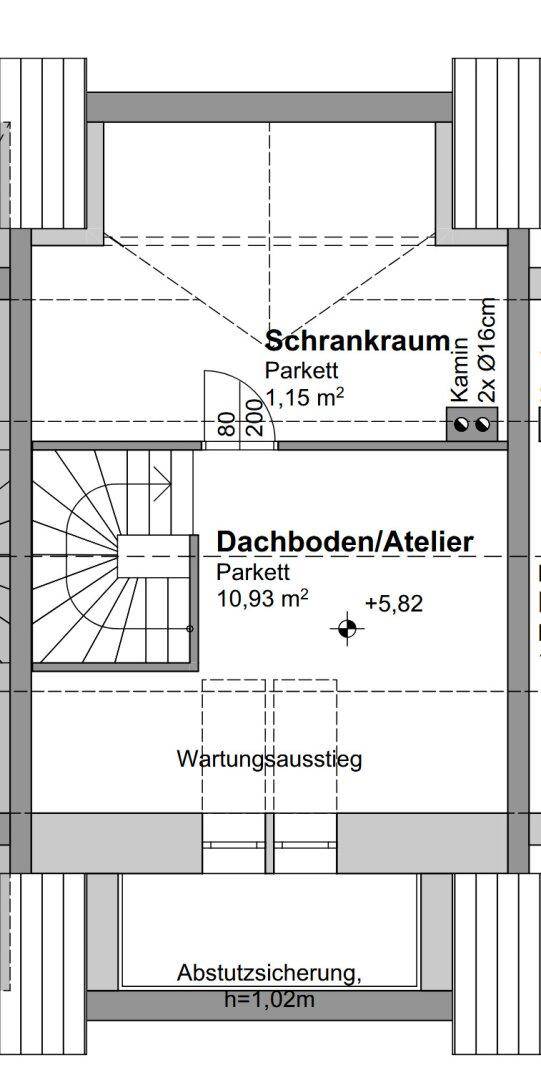 Grundriss des Dachgeschosses mit Schrankraum und Dachboden/Atelierbereich.