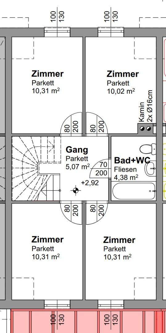 Grundriss des Obergeschosses mit vier Zimmern, Bad und Treppenaufgang.