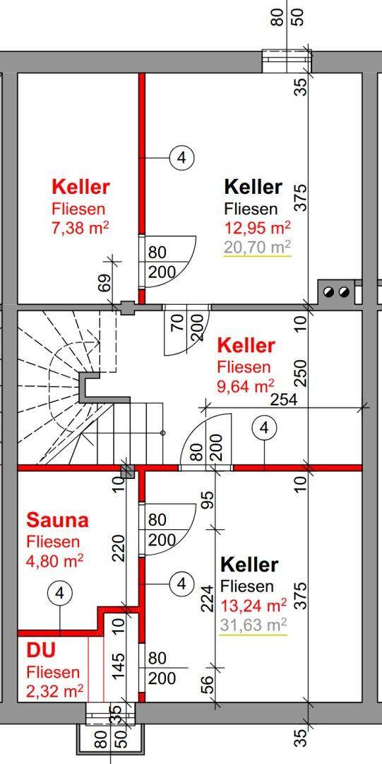 Grundriss des Kellergeschosses mit mehreren Kellerräumen, Sauna und Dusche.