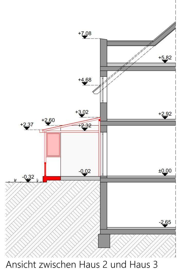 Schnittansicht zwischen Haus 2 und Haus 3, zeigt die vertikale Struktur.