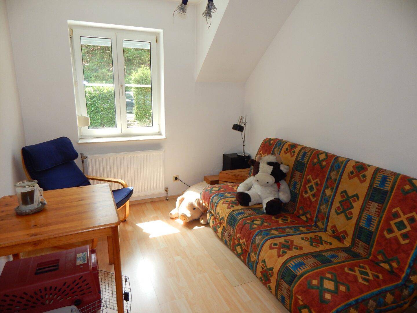 Gemütliches Wohnzimmer mit Holzboden, farbenfrohem Sofa und Fenster unter der Dachschräge.