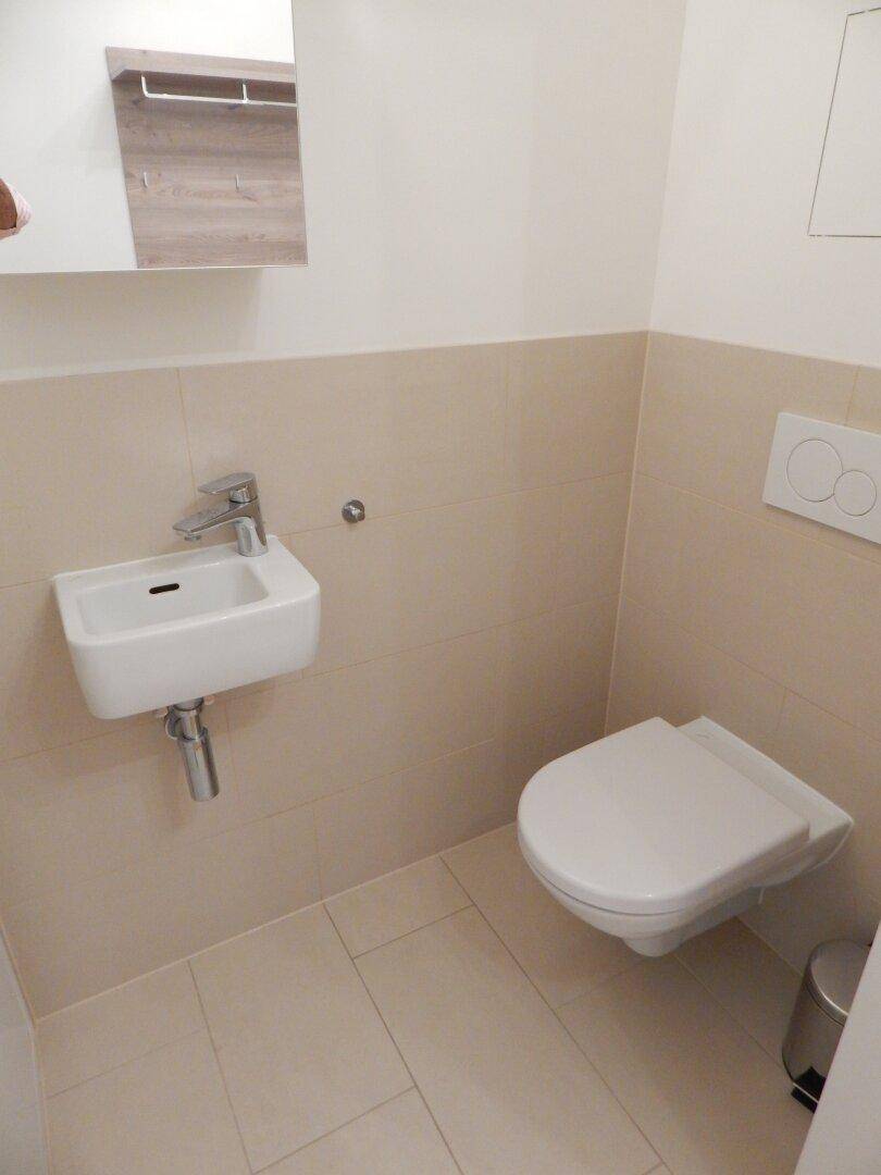 Separate Gästetoilette mit wandhängendem WC und kleinem Handwaschbecken.
