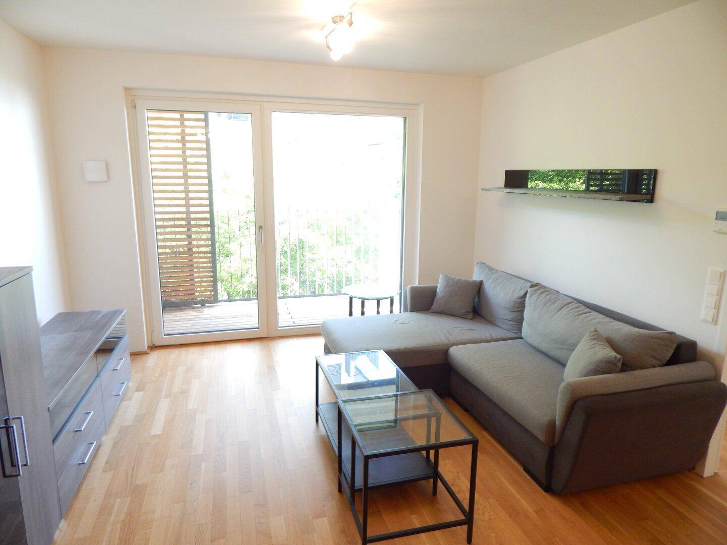 Helles Wohnzimmer mit modernem Sofa, Holzboden und Zugang zum Balkon.