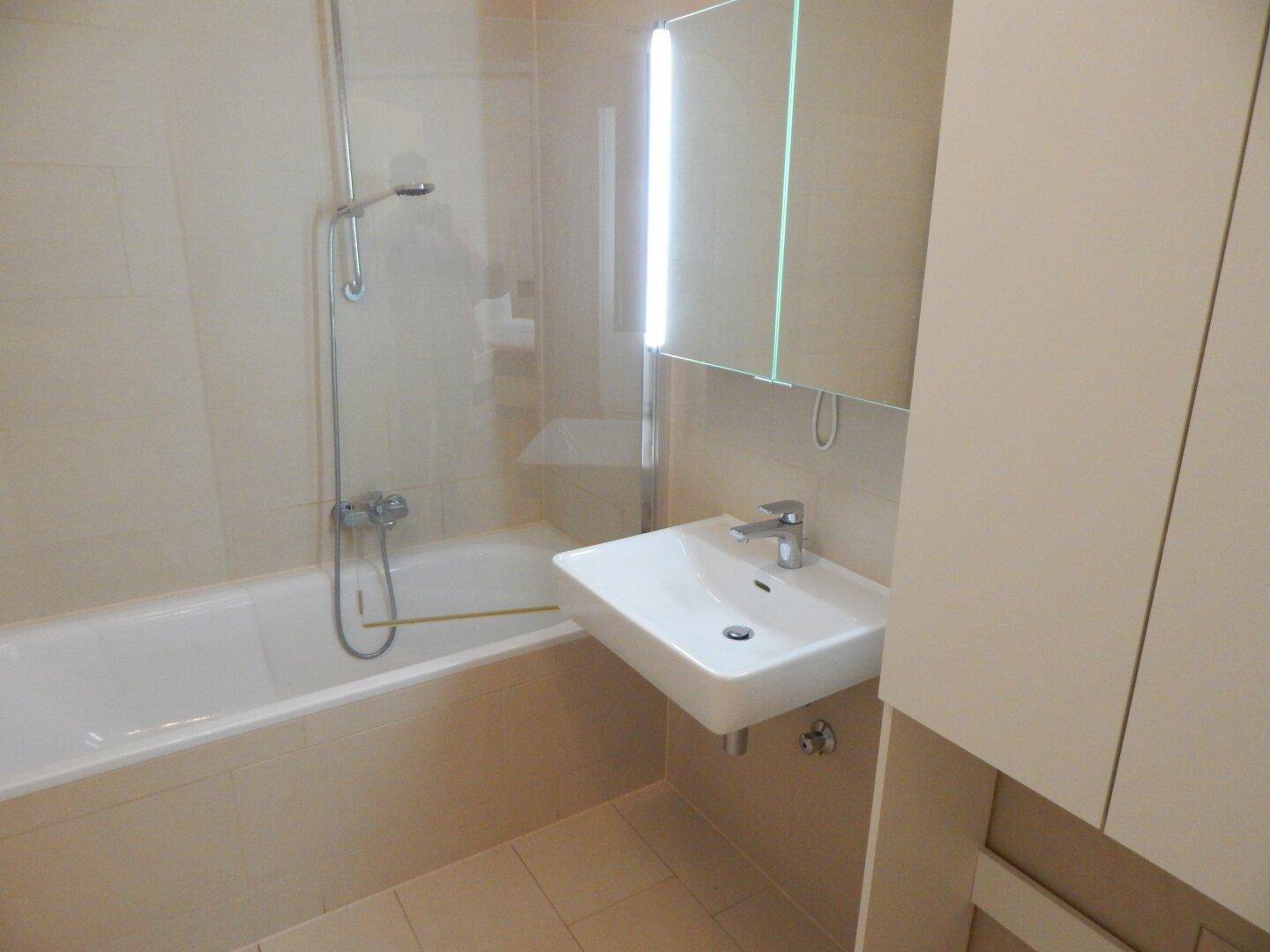 Modernes Badezimmer mit Badewanne, Duschfunktion und hellem Fliesenboden.
