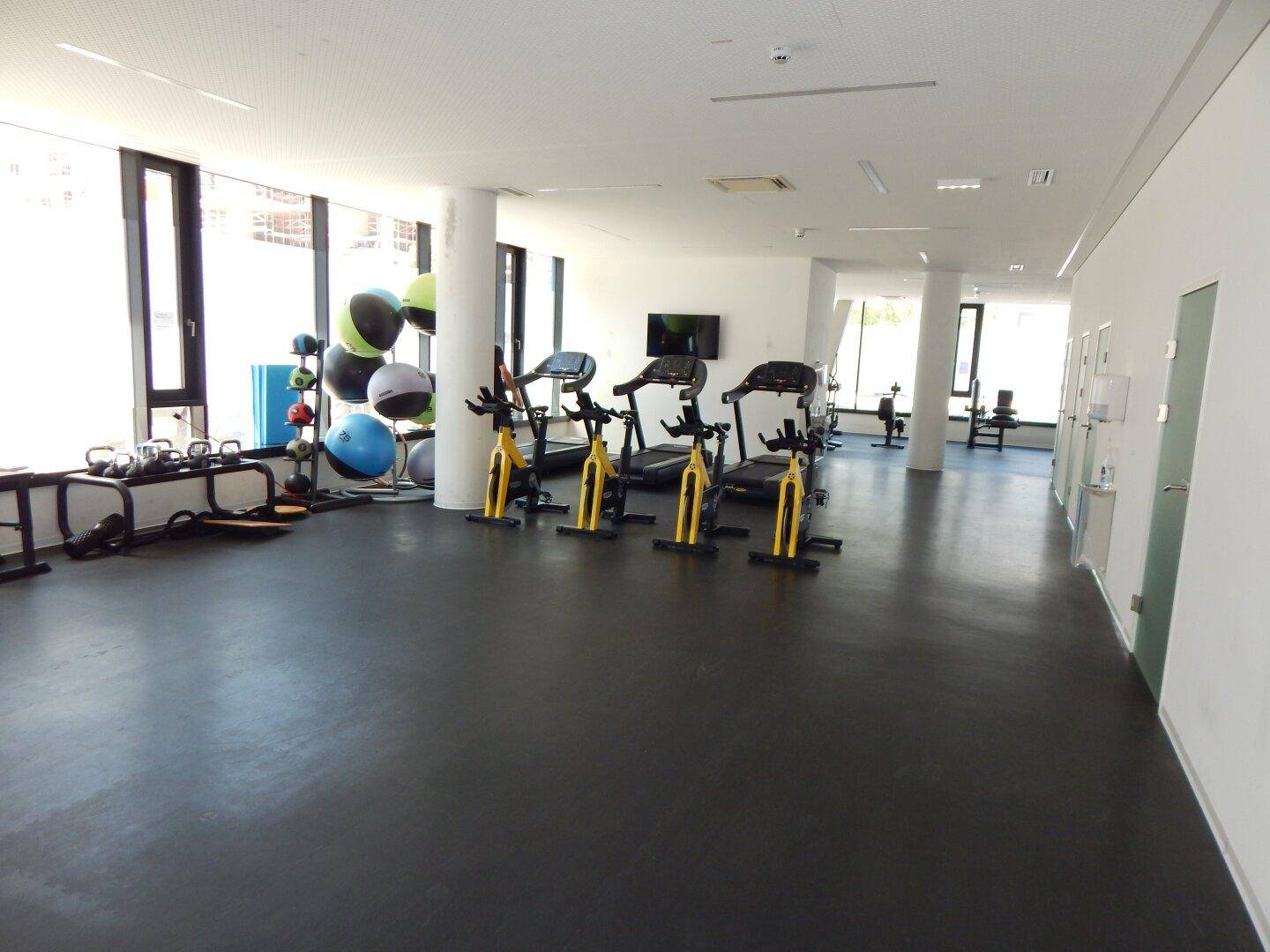 Geräumiger Fitnessraum mit verschiedenen Trainingsgeräten und großen Fenstern.