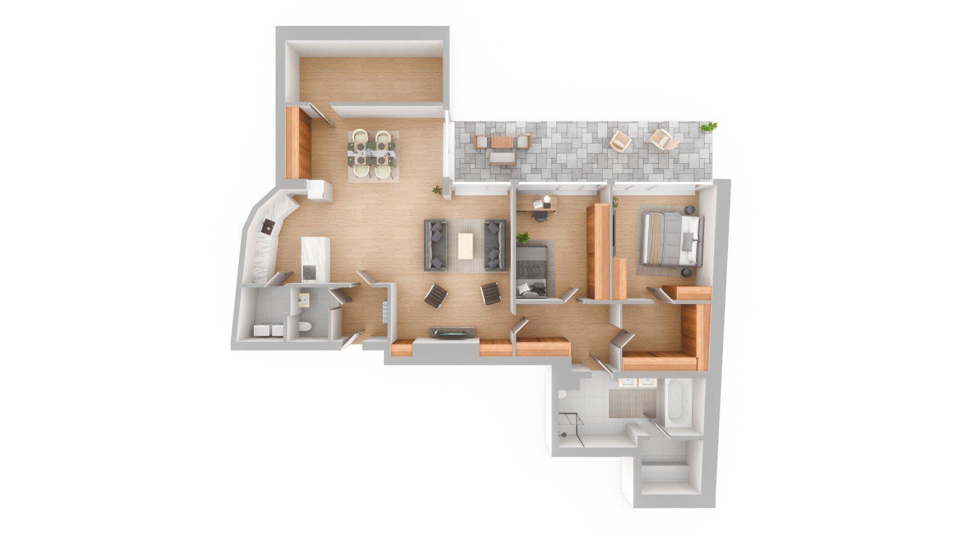 Detaillierter Grundriss mit offenem Wohnbereich, Schlafzimmer, Bad und großer Terrasse.
