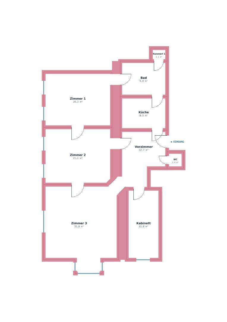 Grundriss einer Wohnung mit drei Zimmern, Küche, Bad und separatem WC.