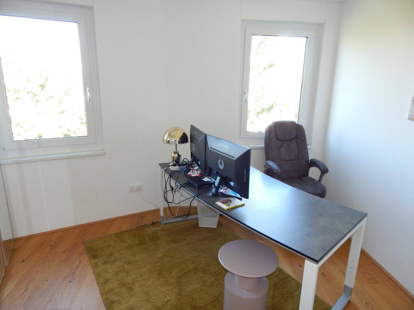 Funktionales Arbeitszimmer mit Schreibtisch, zwei Monitoren und zwei Fenstern für Tageslicht.
