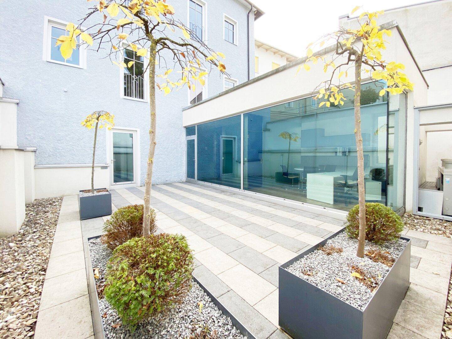 Außenbereich mit gepflasterter Terrasse, Glasfassade des Gebäudes und dekorativen Pflanzen in modernen Pflanzgefäßen.