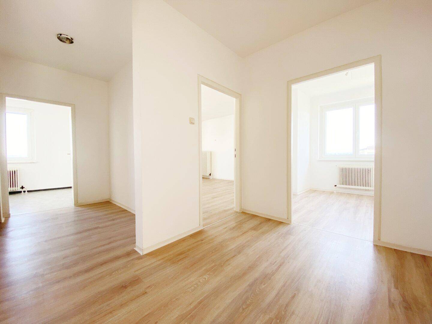 Heller Flurbereich mit Laminatboden und Zugängen zu mehreren Zimmern der Wohnung, gut beleuchtet.
