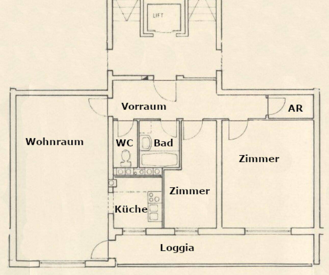 Grundriss einer Wohnung mit Wohnraum, Küche, Bad, WC, zwei Zimmern und Loggia.