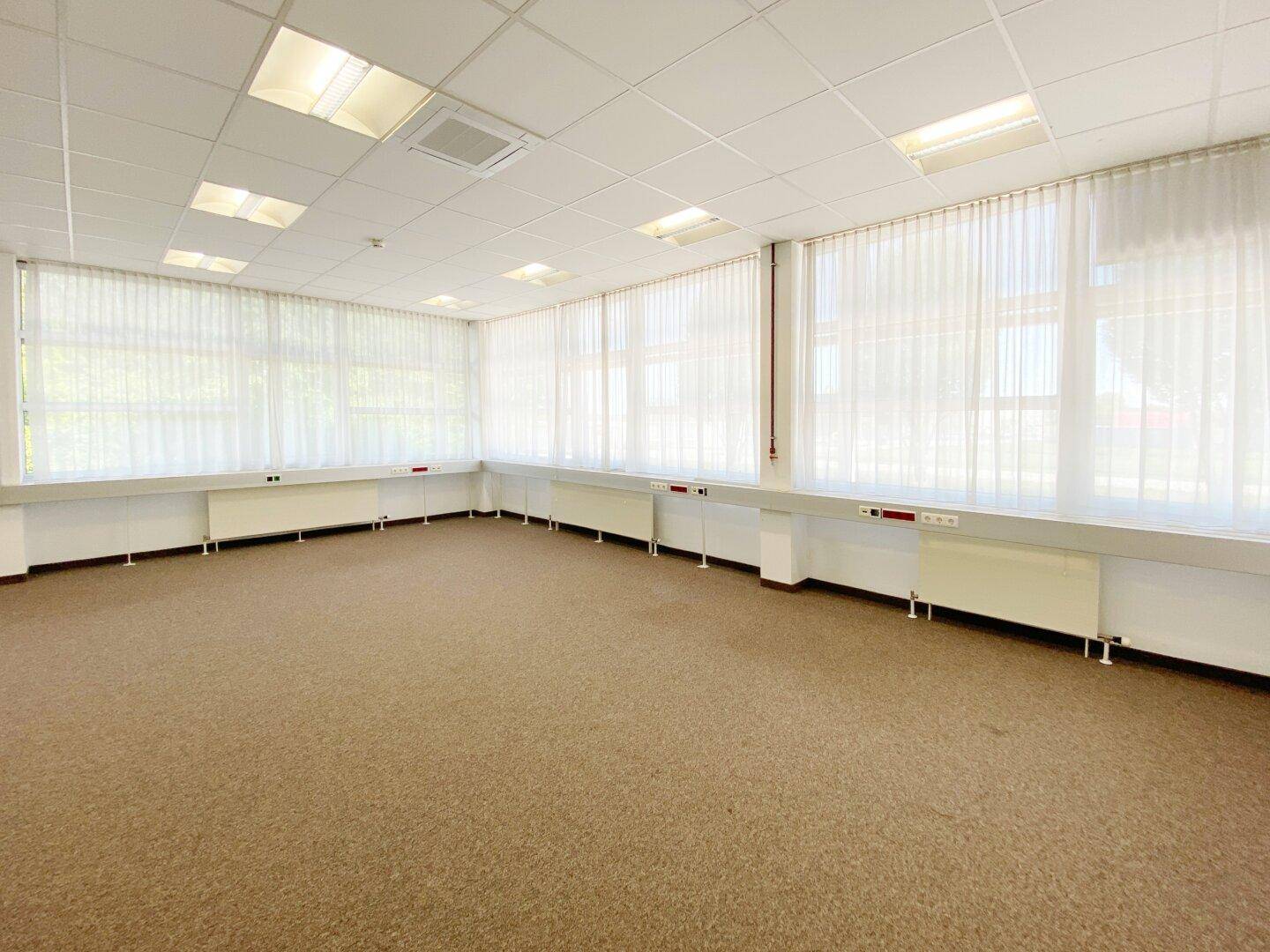 Helles Büro mit großen Fenstern, die mit transparenten Vorhängen ausgestattet sind.