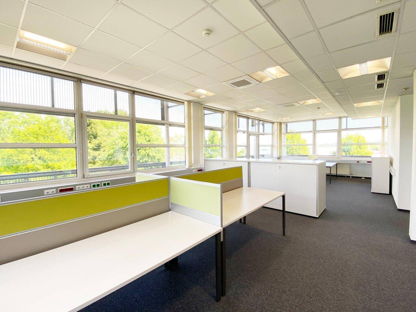 Modern eingerichtetes Büro mit Arbeitsplätzen und großen Fenstern mit Blick ins Grüne.