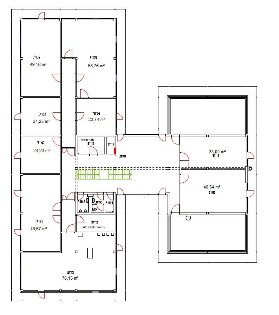 Übersichtlicher Grundriss mit mehreren Räumen und detaillierten Flächenangaben, inklusive Abstellraum und Technikbereich.
