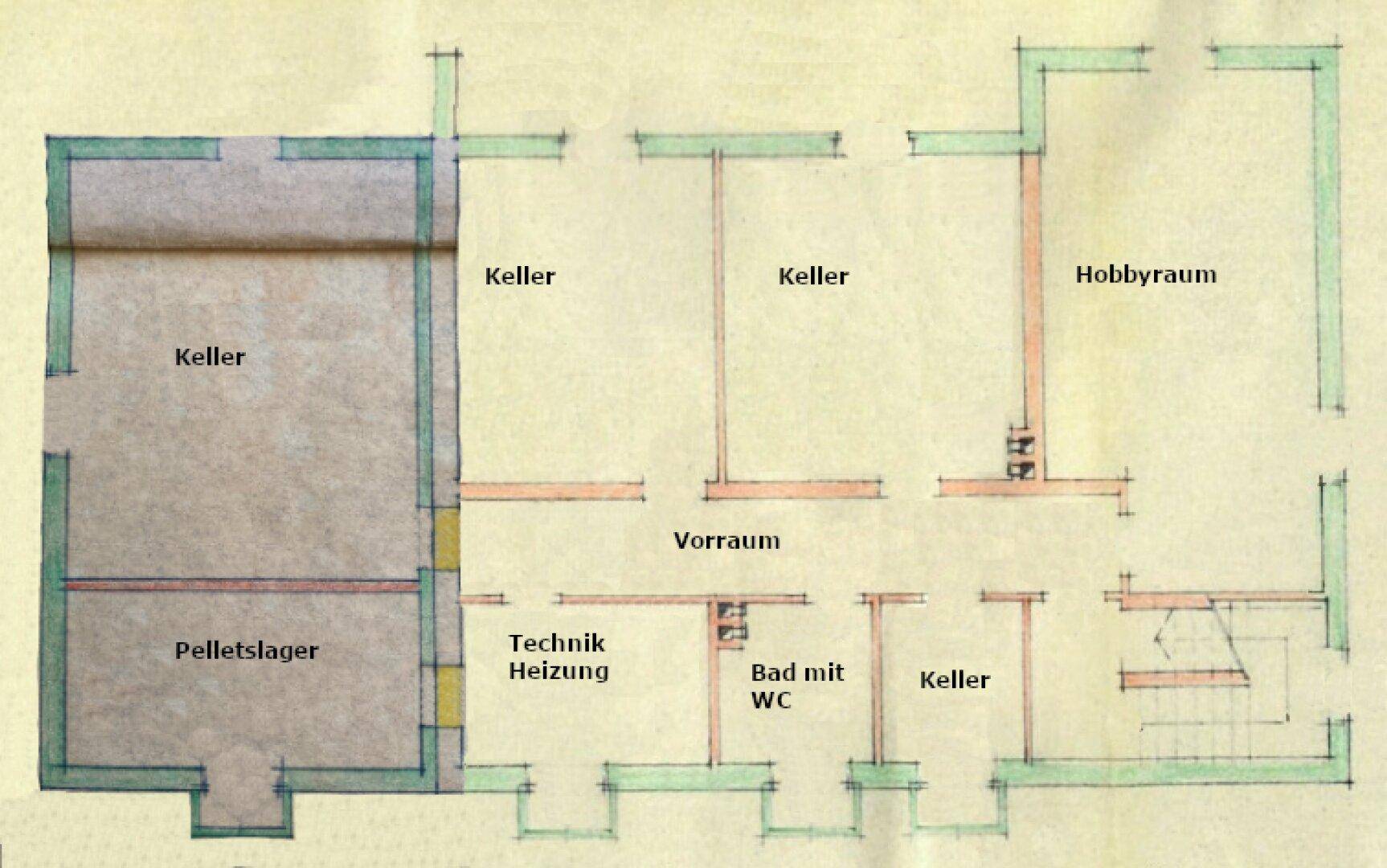 Kellergrundriss mit Pelletslager, Heizungstechnik, Bad mit WC und Hobbyraum.