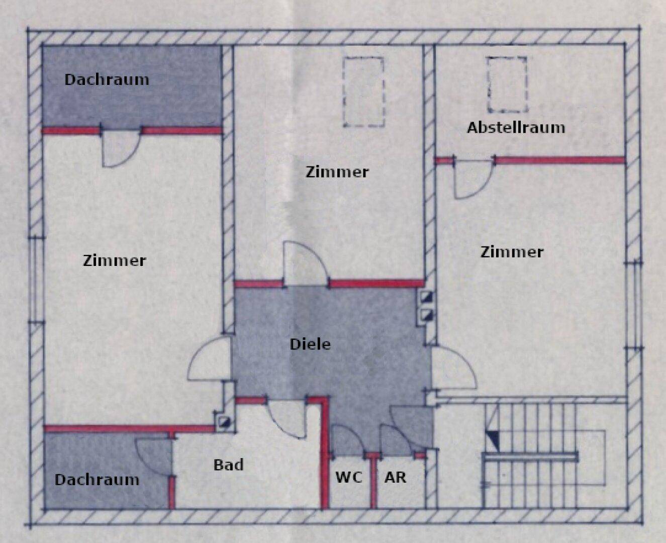 Grundriss des Dachgeschosses mit Zimmern, Abstellräumen, Bad und WC.