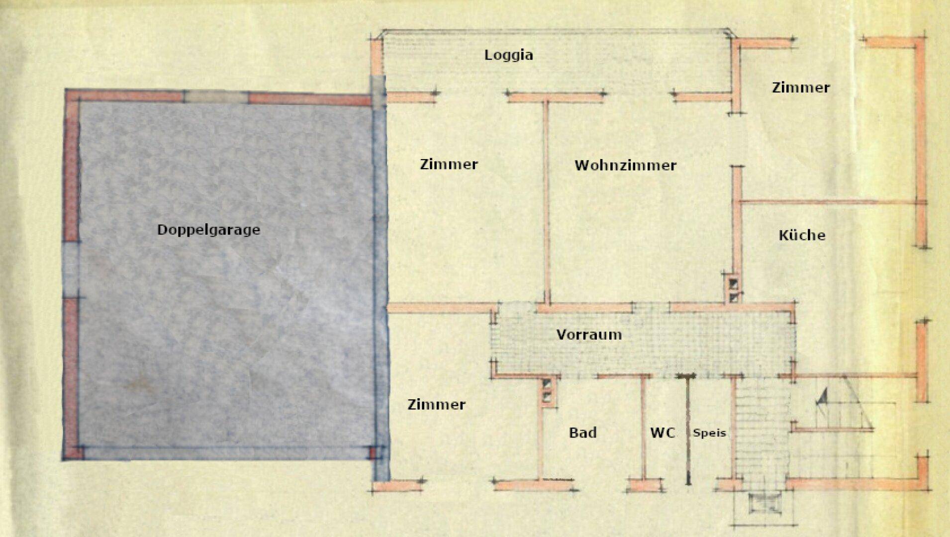 Handgezeichneter Grundriss mit Doppelgarage, Wohnzimmer, Küche, Bad und Loggia.