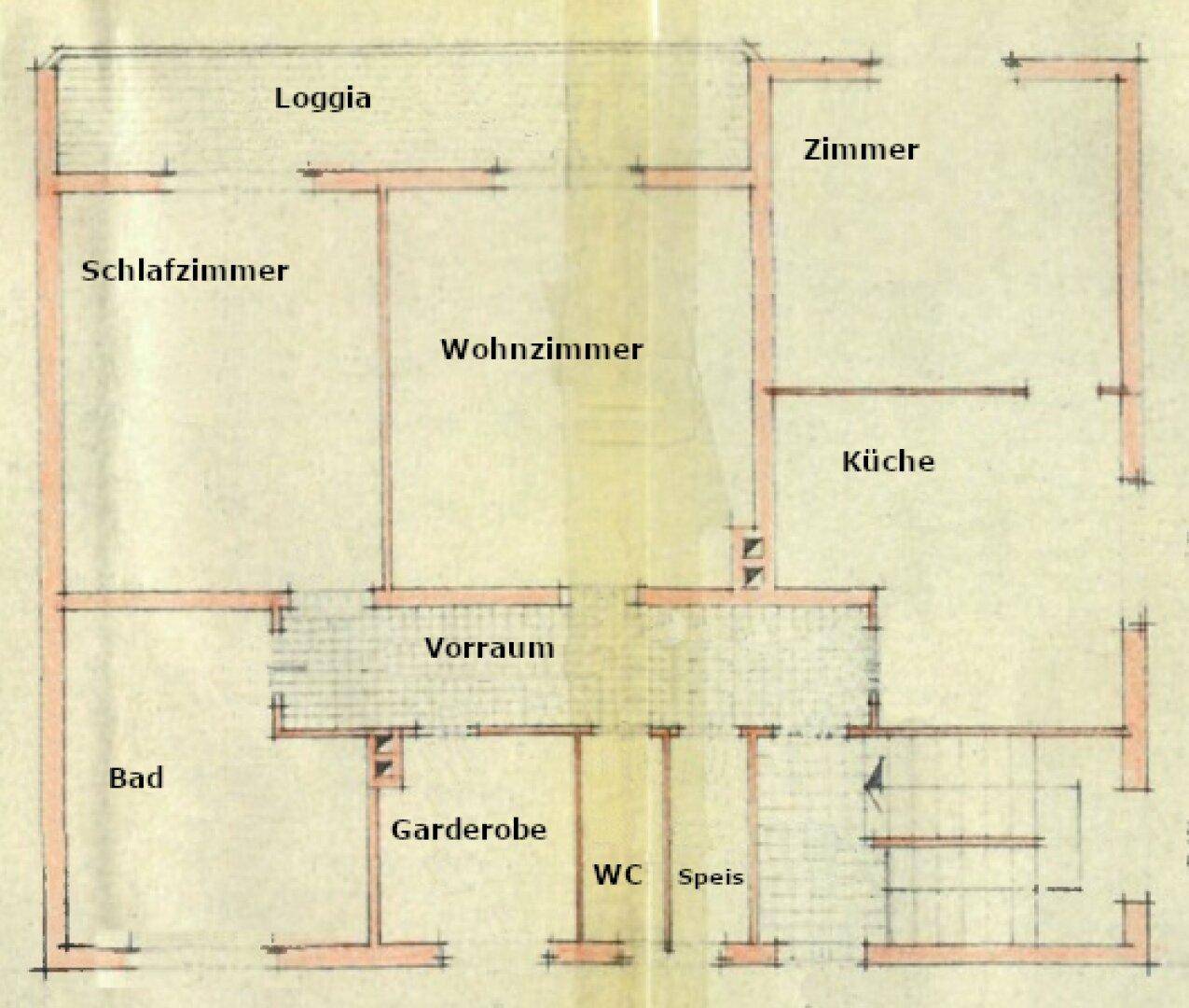 Detaillierter Grundriss mit Schlafzimmer, Wohnzimmer, Küche, Bad, WC und Garderobe.