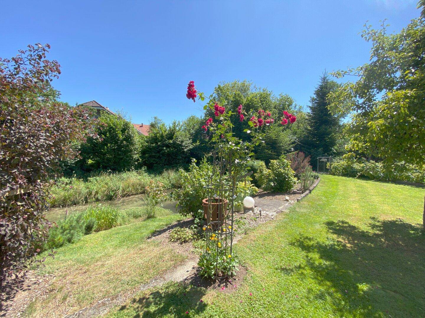 Sonnige Gartenanlage mit Rasenfläche, blühenden Rosen und einem kleinen Bachlauf.