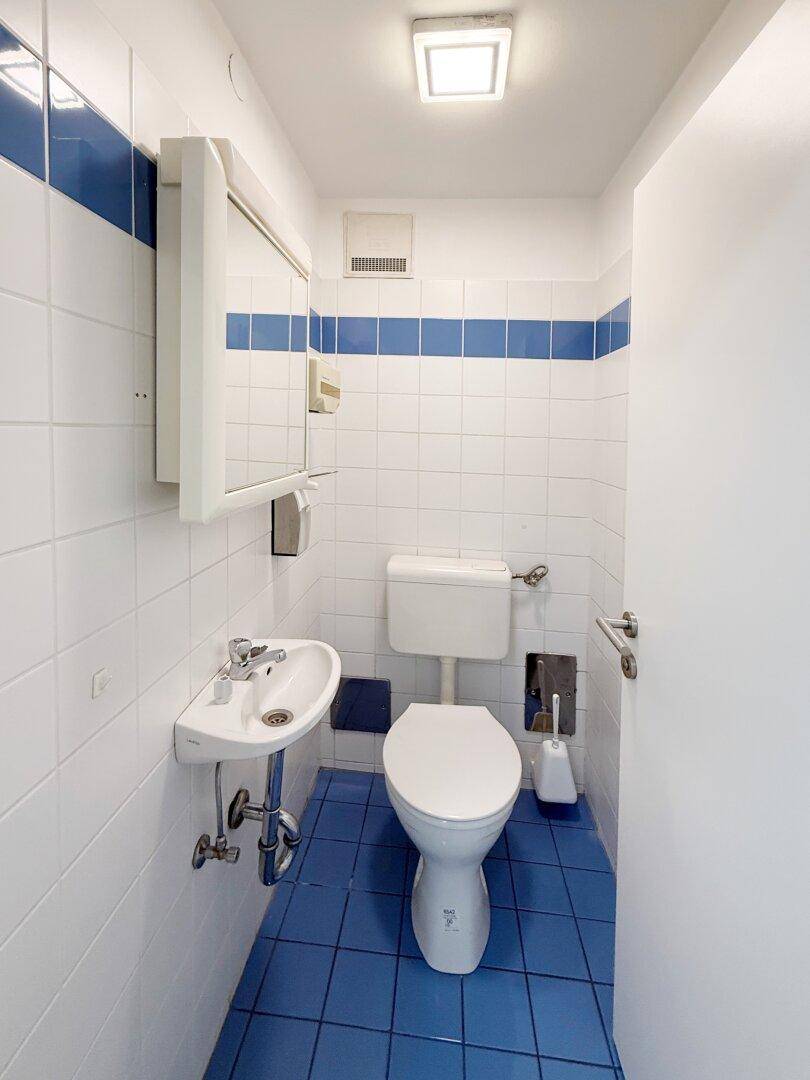 Kleine Gästetoilette mit blauen und weißen Fliesen, WC und Handwaschbecken, funktional und sauber.