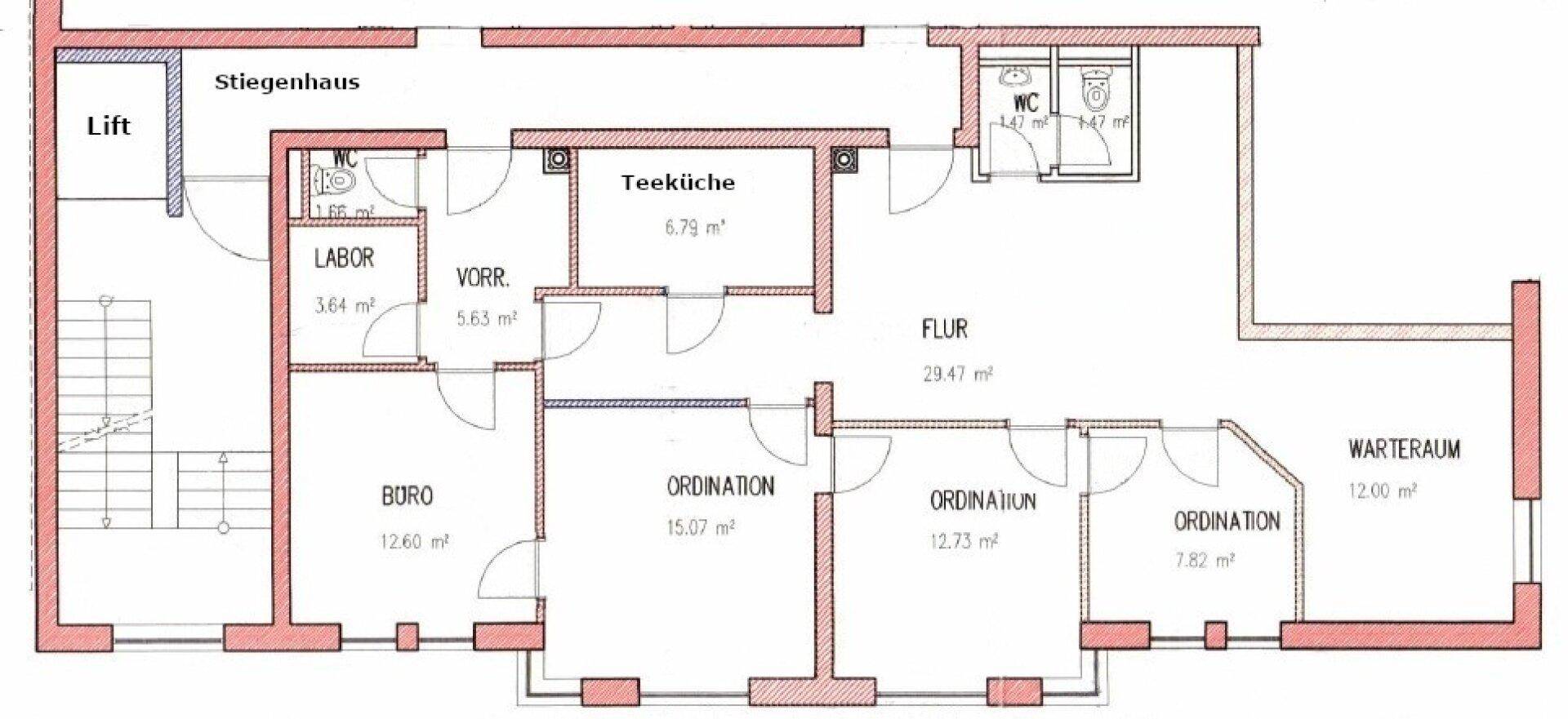 Detaillierter Grundriss einer Gewerbefläche mit Büros, Ordinationsräumen, Labor, Teeküche und Wartebereich.