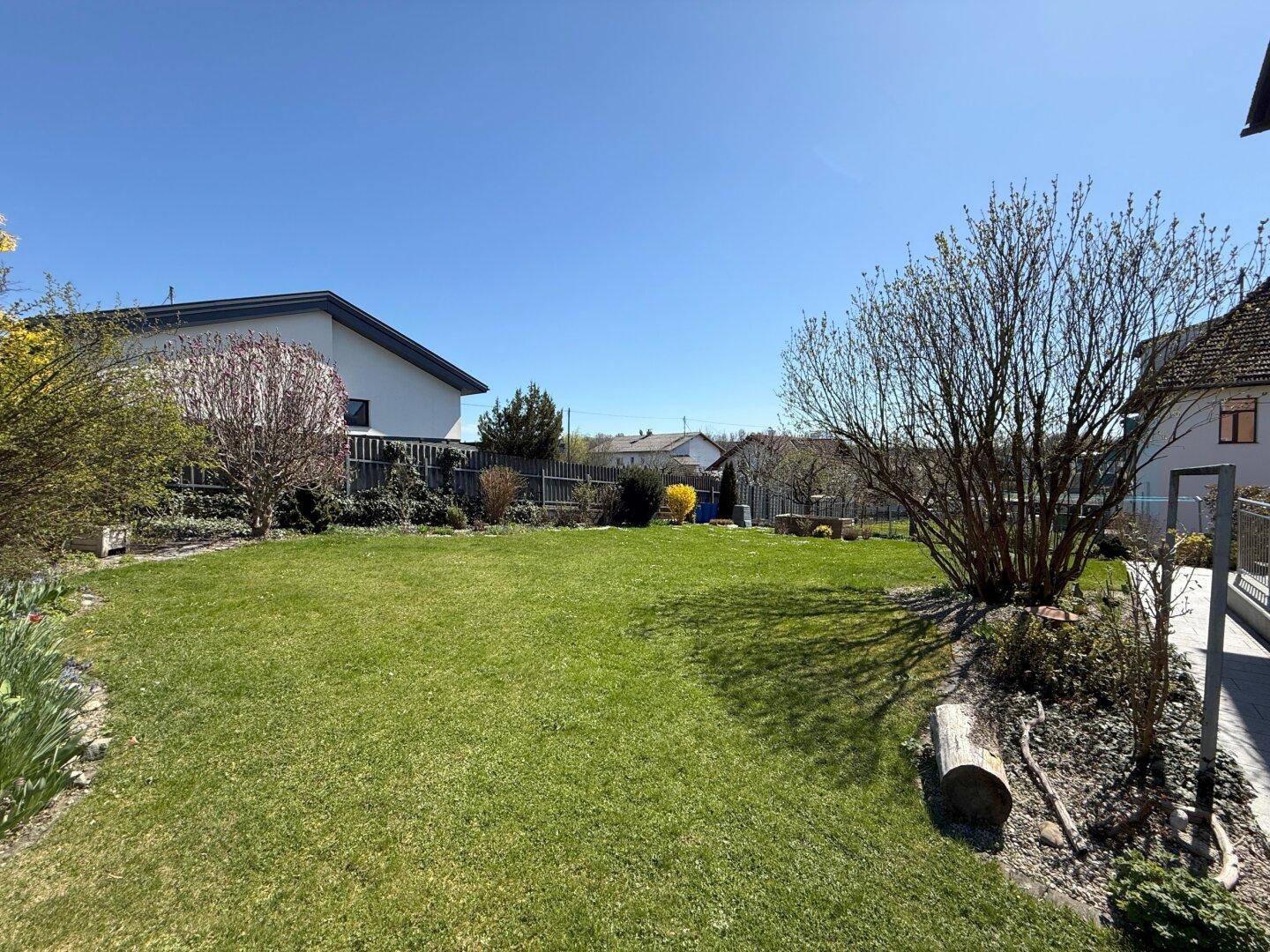 Großer, sonniger Garten mit Rasenfläche und Bäumen, ideal zum Entspannen.