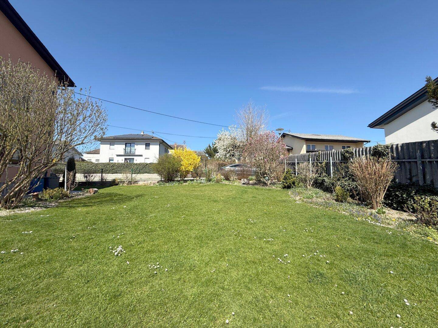 Weitläufiger Gartenbereich mit gepflegtem Rasen und blühenden Sträuchern.