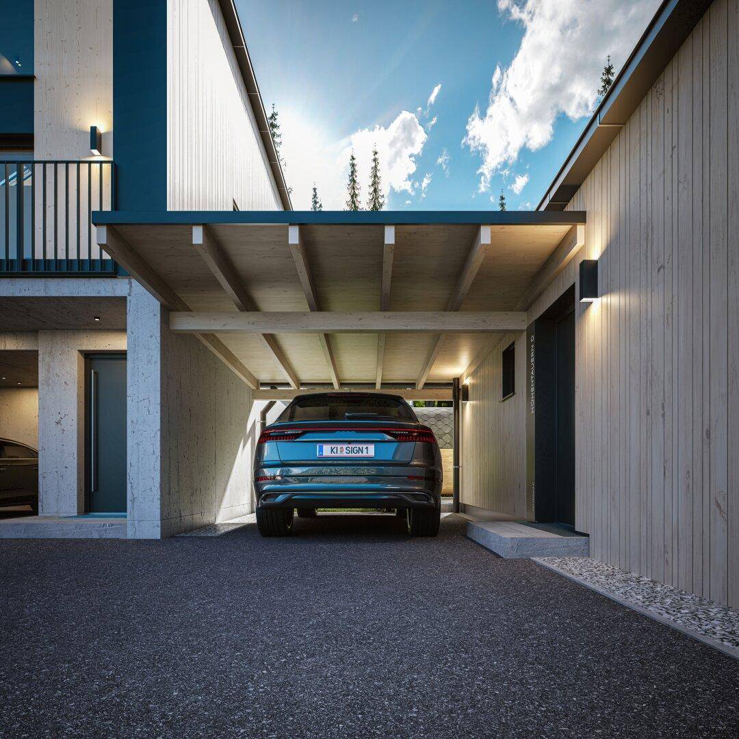 Überdachter Carport-Bereich mit Holzbalken und Eingang zu einem modernen Chalet.