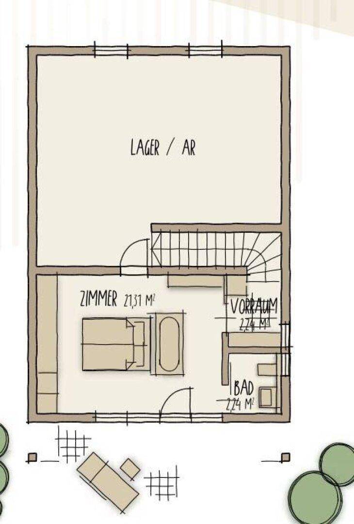 Grundriss des Obergeschosses mit großem Zimmer, Bad und Abstellraum.