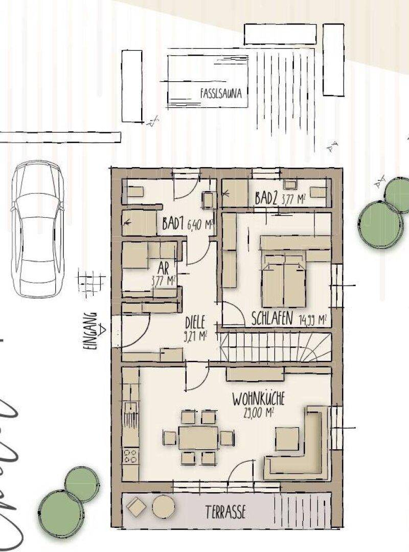 Grundriss des Erdgeschosses mit Wohnküche, Schlafzimmer, zwei Bädern und Terrasse.