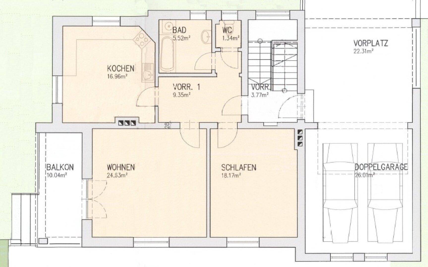 Grundriss des Erdgeschosses mit Küche, Wohnzimmer, Schlafzimmer, Bad und Doppelgarage.