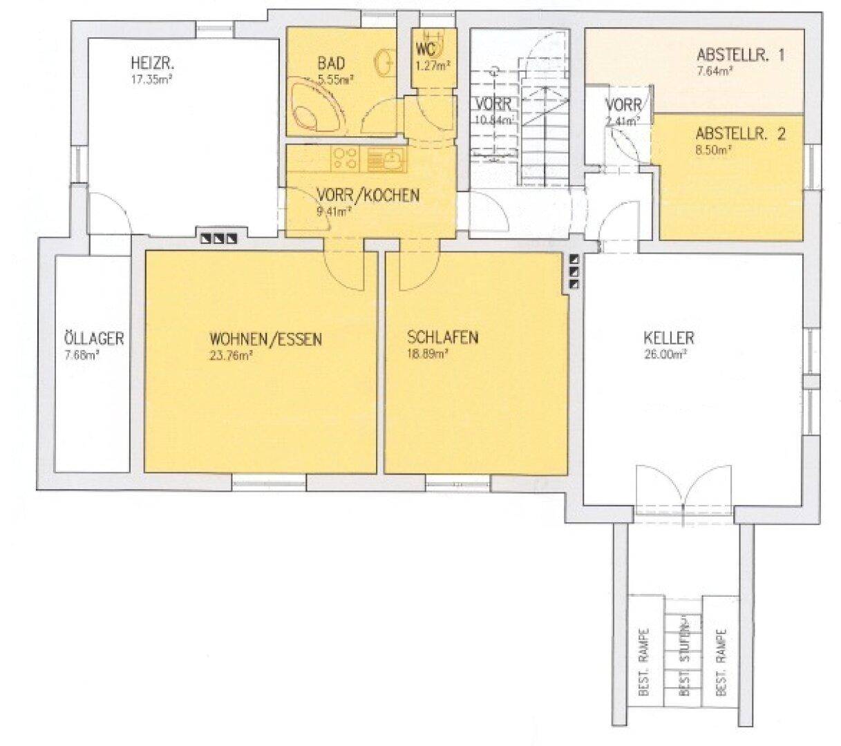 Grundriss des Untergeschosses mit Wohn-/Essbereich, Schlafzimmer, Heizraum und Keller.