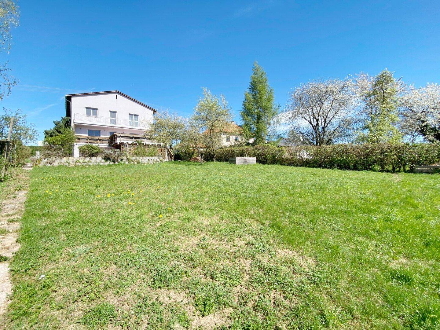 Weitläufige Rasenfläche mit einem Wohnhaus im Hintergrund unter blauem Himmel.