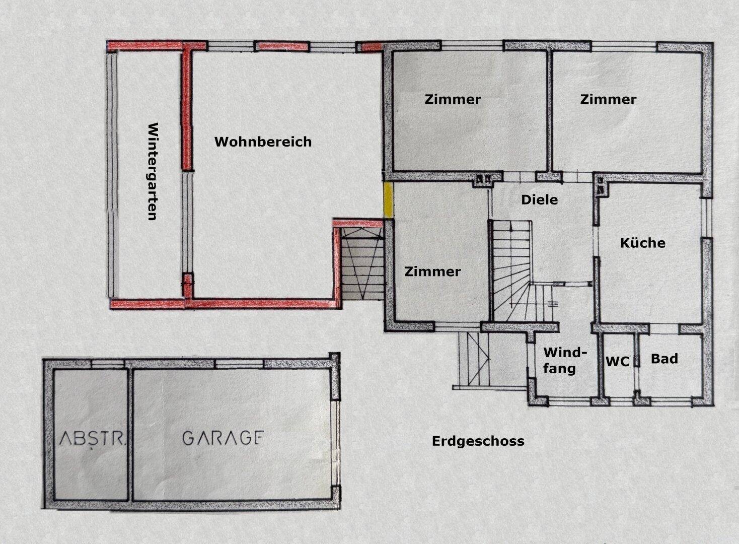 Grundriss des Erdgeschosses mit Wohnbereich, Wintergarten, Küche und Garage.