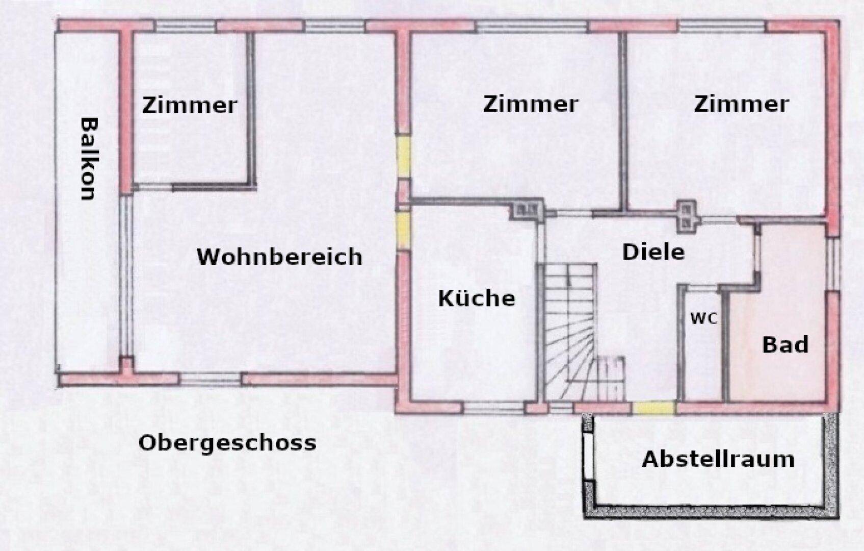 Grundriss des Obergeschosses mit Wohnbereich, Küche, Bad und Balkon.