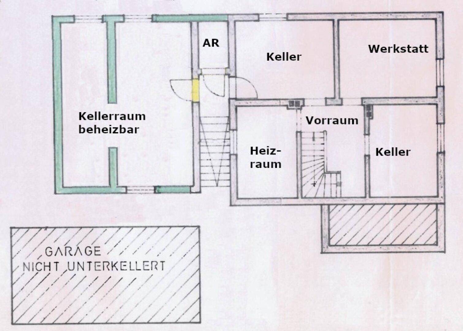 Grundriss des Kellergeschosses mit beheizbarem Kellerraum, Werkstatt, Heizraum und separater Garage.