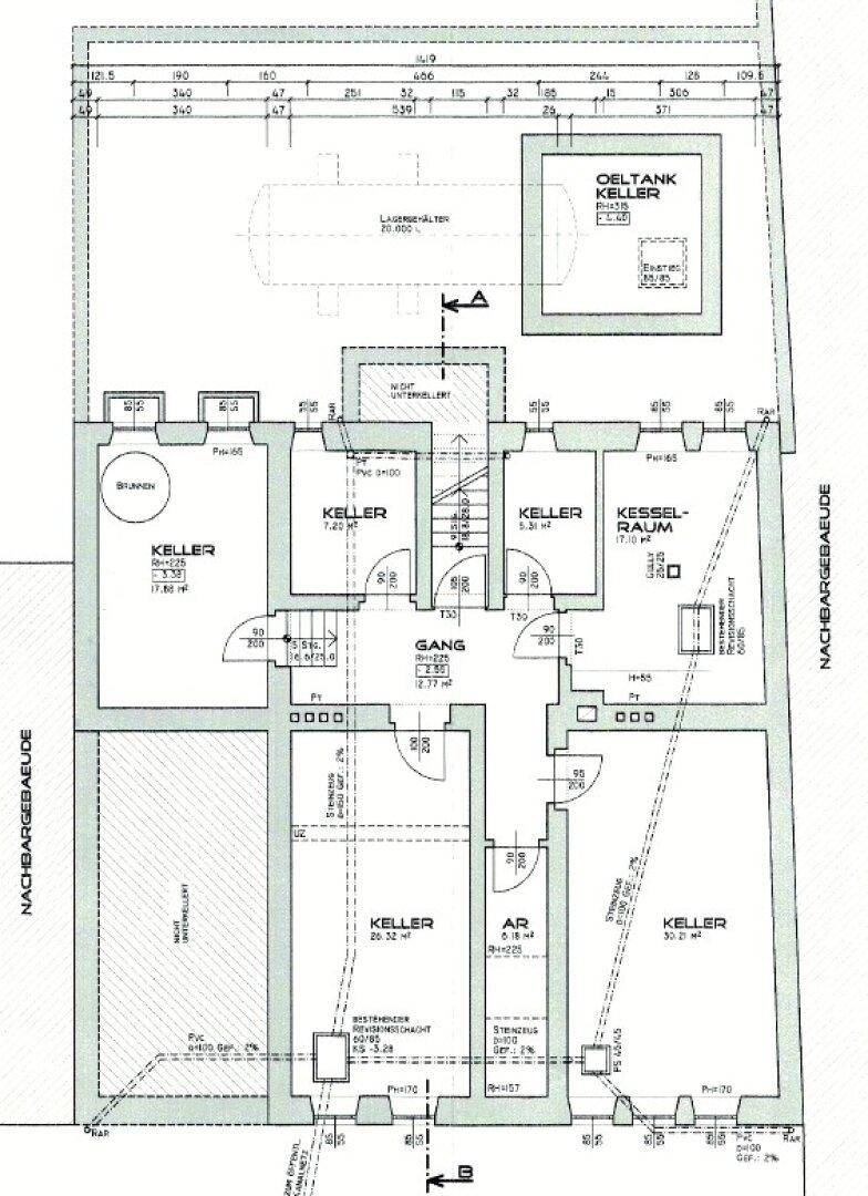 Grundrissplan des Kellergeschosses mit mehreren Kellerräumen, Kesselraum und Öltanklager.