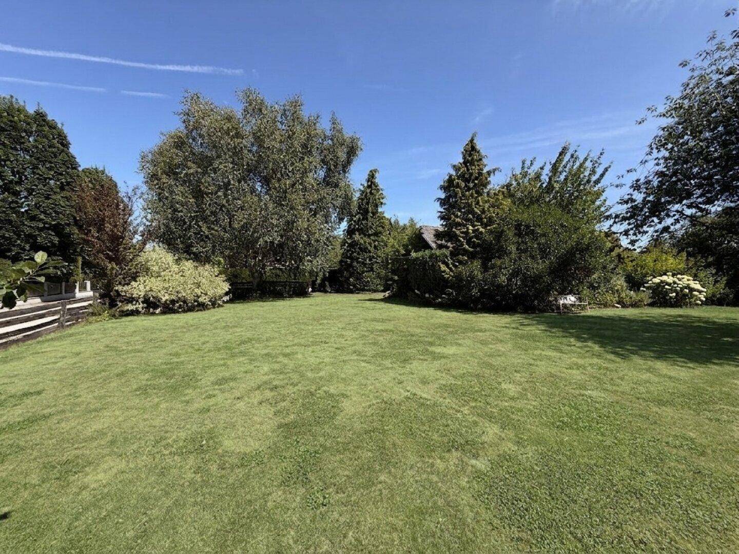 Weitläufiger, gepflegter Garten mit großer Rasenfläche und verschiedenen Bäumen unter blauem Himmel.