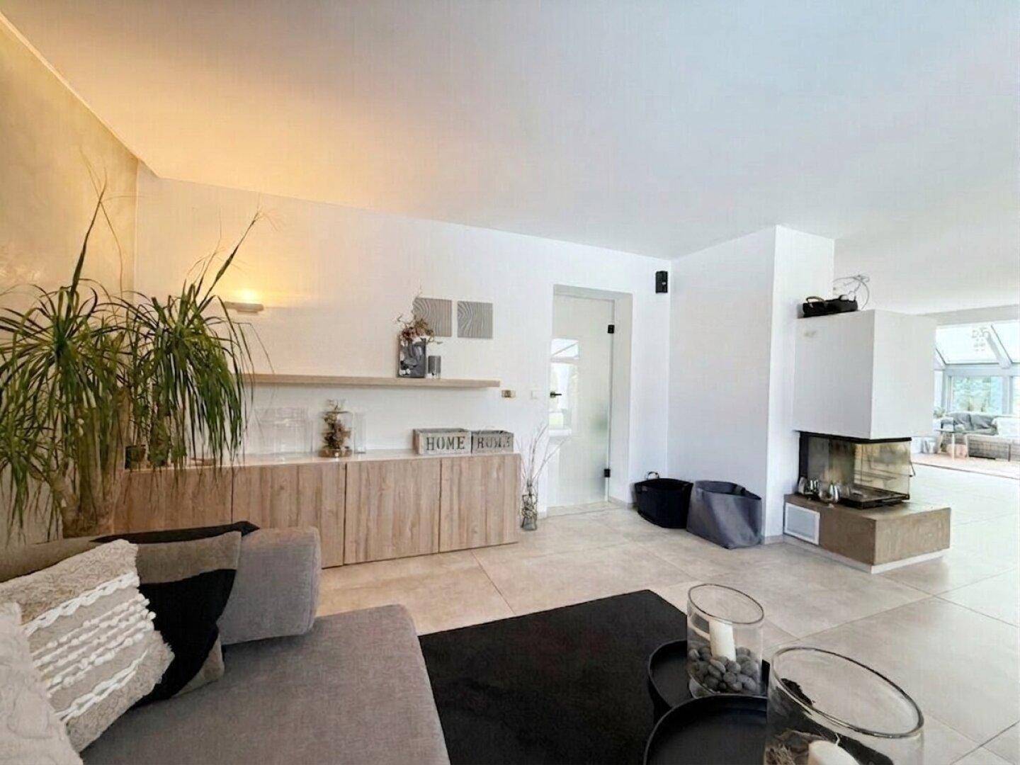 Helles Wohnzimmer mit modernem Kamin, Fliesenboden und dekorativen Pflanzen.