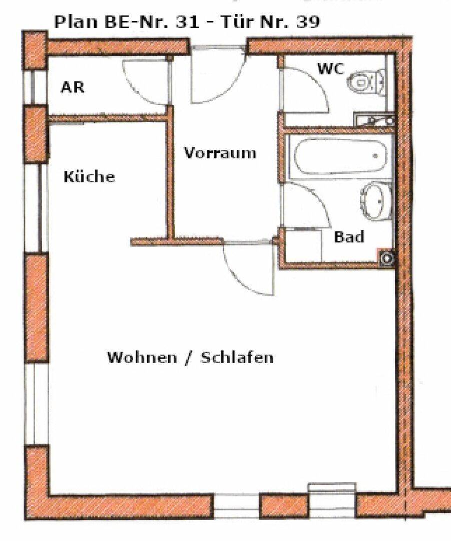 Grundriss einer Wohnung mit Wohn-/Schlafbereich, Küche, Bad und WC.