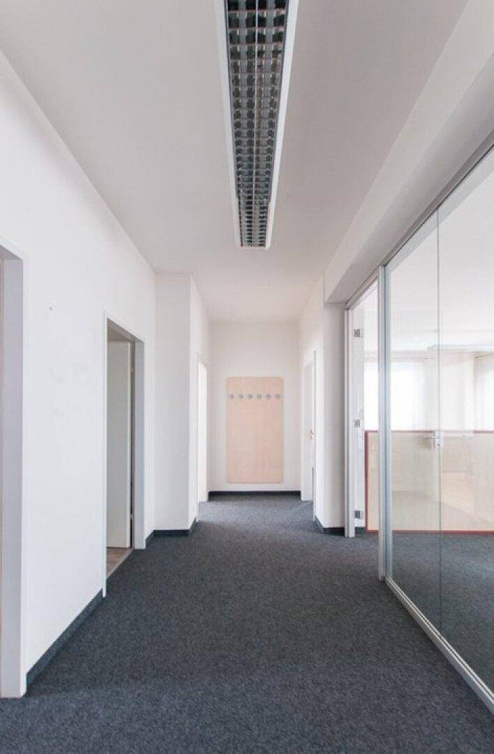 Langer, heller Flur mit grauem Teppichboden und Glaswänden zu angrenzenden Büroräumen.