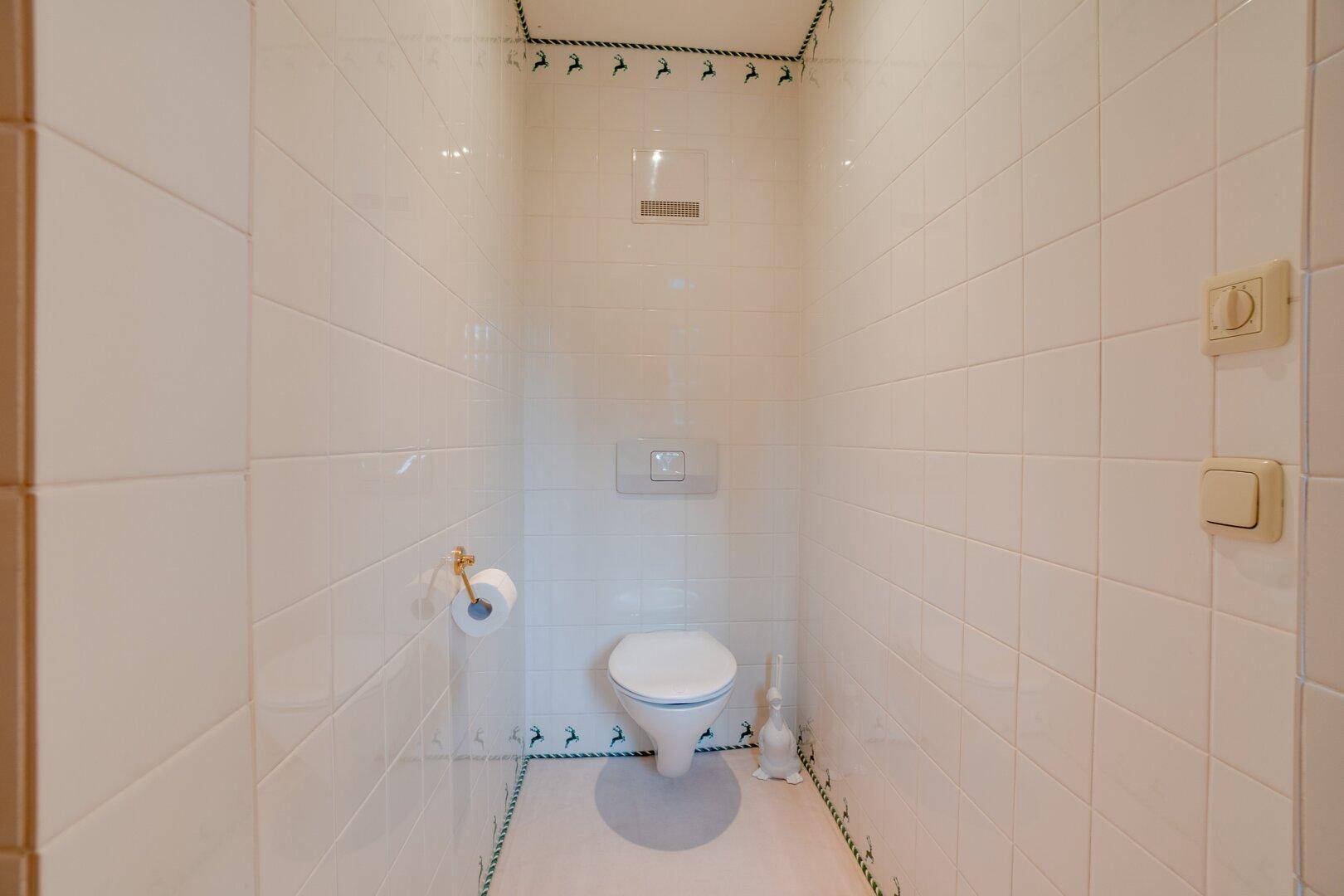 Separates WC mit weißen Fliesen und Wand-WC, sauber und funktional gestaltet.