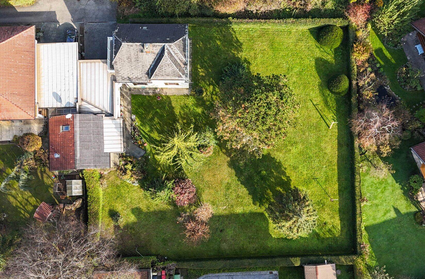Vogelperspektive des Hauses mit großem, gepflegten Garten und Heckenbegrenzung.